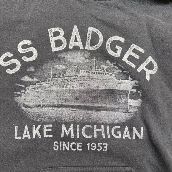 ✅Mens S Black Graphic Hoodie SS Badger Lake Michigan Pullover Hooded Sweatshirt - Picture 3 of 9